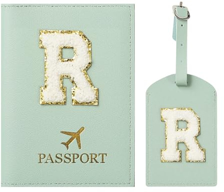 ZVRSUA Reisepasshülle und Kofferanhänger mit Buchstabe R,Passport Hülle, Hülle Reisepass,Ausweismappe, der Pass, Kofferanhänger für Kreuzfahrten und Flugreise,Geschenk für Damen/Teenager/Kind(Grün R)