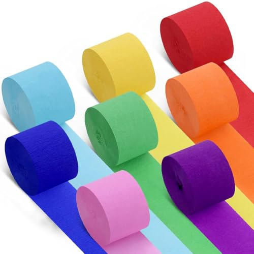Crepe Paper Streamers 8 Rolls 200 Meter,25mx4.5cm Colorful Streamer,Rainbow Crepe Papers Rolls Fit for Birthday, Bridal Shower, Bachelorette, Baby Shower, Anniversary, Party
