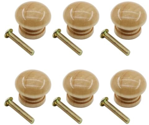 LTSVBO Lacquered Pine Wooden Cabinet Door Knobs, 6 Pcs Wooden Door Knobs 24mm, Pre-Drilled for Screws or Dowels - Pack of 6, Brown Finish