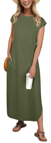 PrinStory Vestido maxi sin mangas para mujer de verano con bolsillos, cuello redondo, vestido de playa, Verde militar., L