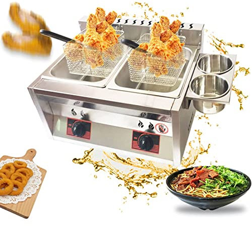 IUBGFTO Friggitrice a Gas Commerciale da 8L*2, Doppia Vasca, in Acciaio Inox, con cestelli e coperchi, Macchina per friggere da Cucina per Patatine Fritte, ristoranti, supermercati, Fast Food