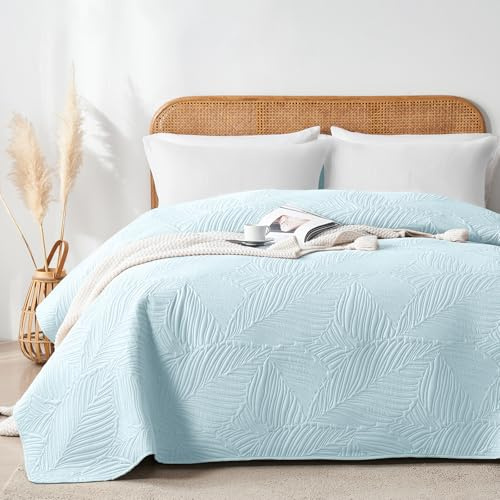 VIVA FINO Tagesdecke 220x240 cm,Himmelblau Ultrasonic Steppdecke,Leicht,Weich und Pflegeleicht,Doppelseitig,Bettüberwurf mit Blattmuster,Ideal für alle Jahreszeiten,Für Bett und Sofa