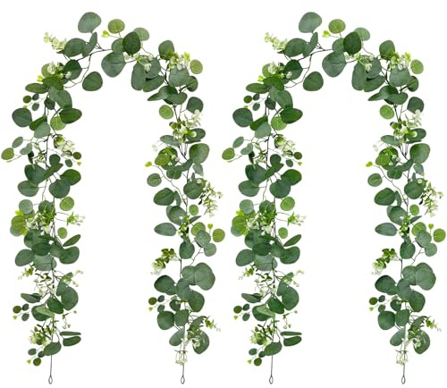 Flying Pottery 2 Pezzi Ghirlande Artificiali di Eucalipto, 180cm Ghirlanda Eucalipto con Fiori Bianchi Pianta Artificiale Sospesa per Matrimonio, Arco, Decorazione Della Casa