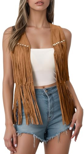 Maeau Gilet Femme Sans Manches Faux Daim avec Franges Décontracté S-XXL | Veste Sans Boutons Rock Style Cow-boy Occidental, Style Années 60/70, Sans Fermeture, Western, Hippie