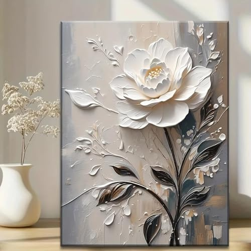 CHAOJIART Elegante dipinto a olio di rosa bianca, stampa su tela con fiori, moderno dipinto astratto in bianco e nero, decorazione per la casa, 40x60 cm, cornice interna.