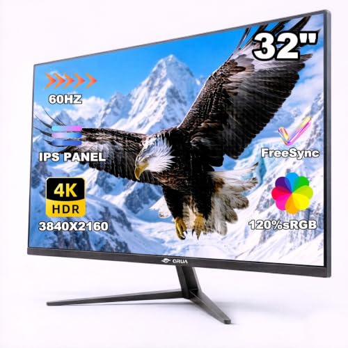 CRUA 32 Zoll Monitor, UHD (3840 x 2160p), 4K, 60 Hz, IPS, 100% sRGB-Farbraumabdeckung, 1 ms Reaktionszeit (GTG), FreeSync, Blaulichtfilter, VESA-Montage (HDMI, DP) – Schwarz