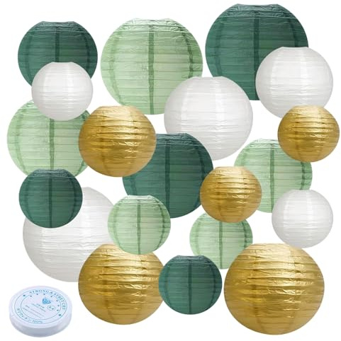 20 Stück Grün Gold Papierlaterne Lampion, Salbeigrün Papierlampion mit 50m Angelschnur, Papierlaterne Rund Hängende Papierlaternen für Hochzeit Gartenparty (Ø 15cm/20cm/25cm/30cm)