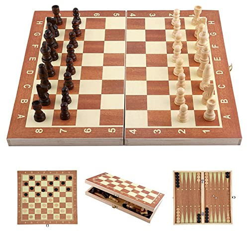 Scacchiera in Legno, Scacchi Dama e Backgammon, 3 in 1 Chess e Checkers e Backgammon, Scacchi da Viaggio Pieghevole Portatile (29CM)