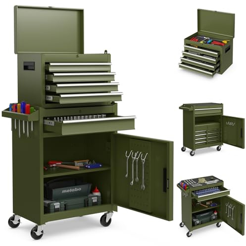 GYMAX Werkstattwagen mit 5 Schubladen, 2 in 1 Werkzeugschrank mit Haken, verstellbarem Regal & Universalrädern, Werkzeugwagen für Garage, Lager & Werkstatt (Olivgrün)