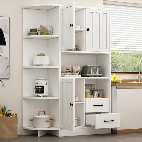 Armadio angolare 104 x 35 x 155 cm, vetrina da soggiorno con 3 armadi + 2 cassetti, scaffale per libri da soggiorno, armadi alti e altopiano con un totale di 14 scomparti, librerie, credenza, bianco