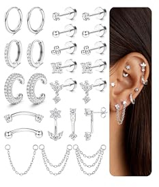 Chriscoco 21 st örhängen dam piercing öra 316L rostfritt stål allergivänliga små örhängen 14K guldpläterade örhängen silver CZ kedja piercing helix tragus brosk conch, Ingen ädelsten