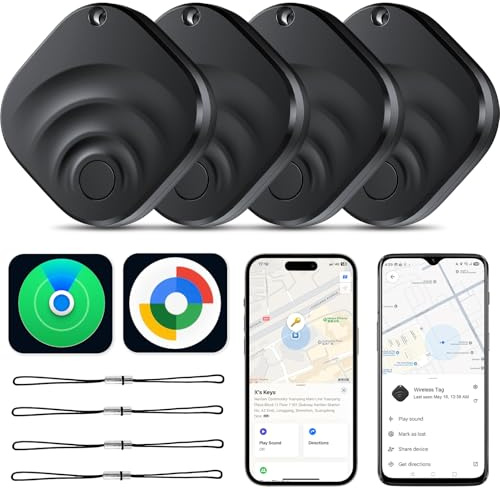 4 Pack Dual System Tracker Tag per iOS e Android Localizzatore Bluetooth Smart Tags compatibile con Apple Find My (iOS) e Google Find Hub (Android) per chiavi, bagagli, portafogli, veicoli