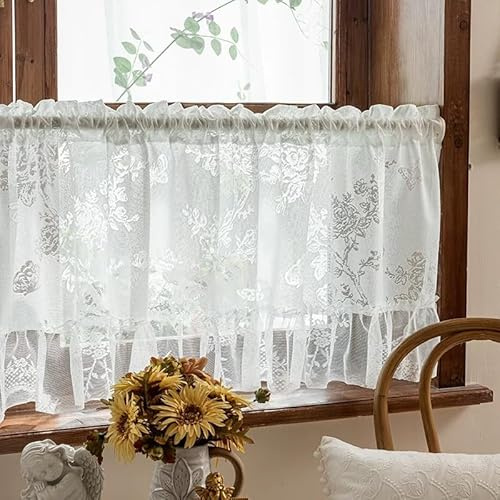 Daliena Spitzengardinen Landhaus Kurz Scheibengardinen Weiß Halbtransparent Romantisch Blumenfensterstore Fertiggardine Kurzstores Gardinen (BxH 120x50cm) 1 stück