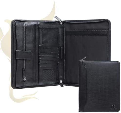 Hörner Konferenzmappe Madrid A4 Echtleder Schwarz – Schreibmappe mit Rundum-Reißverschluss, 12″-Tabletfach, Kartenfächer & Stifthalter, Business Dokumentenmappe