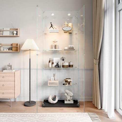 SUNFECILI Glasvitrinskåp med 5 hyllor, stående vitrinskåp med lås och sensorljus, samlarvitrinskåp med 2 dörrar, monter transparent möbelmonter (svart basplatta, knappbelysning)
