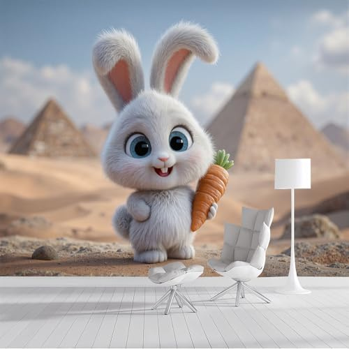 ZISTRCBAO Lapin Avec Une Carotte Murales Panoramique 400x280cm, Animal De Dessin Animé En 3D Mural Fond D'écran, Blanc Mur De Fond TV Chambre Enfant Papier Peint Poster