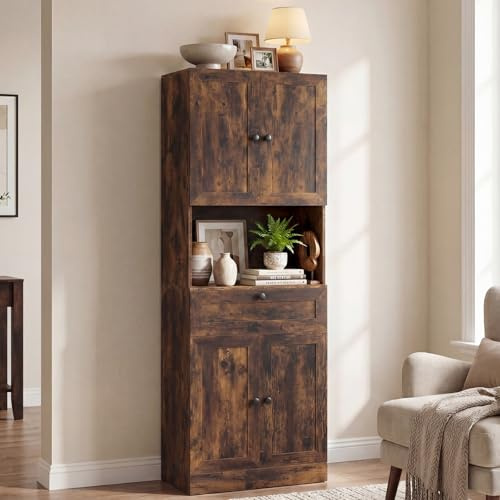 COSTWAY 171.5cm Tall Kitchen Cupboard, 4-Door Pantry Storage Cabinet with Adjustable Shelf, Drawer & Anti-tipping Device, Freestanding Sideboard Organizer Unit for Home Dining Room (Rustic Brown)