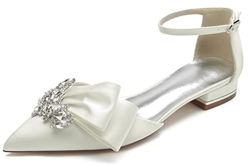 Yhsdfcn Asymmetriska Spetsiga Ballerinaskor i Satäng, Unika Bröllopsskor med Strass och Veck med Rem,Ivory,36 EU