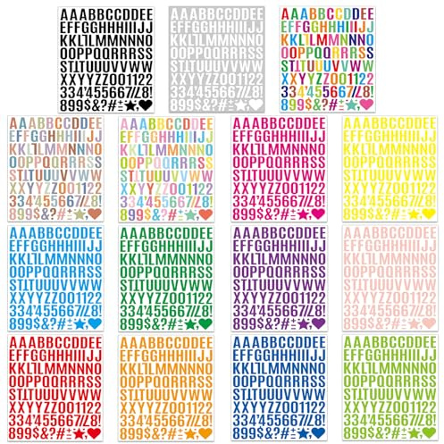 15 Blatt Buchstaben Aufkleber, 1470 Stück Klebebuchstaben Wetterfest Selbstklebende Buchstaben und Zahlen Sticker,für Postfach,Schilder,DIY Scrapbooking,Dekorationskunst, Adressnummer,(Mehrere Farben)