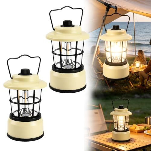Batteridriven LED-campinglampa: 2 stycken retro campinglykta, justerbar ljusstyrka och 2 belysningslägen, ultralätt bärbar LED-lykta, vattentät hängande lampa för utomhusbruk (vit)