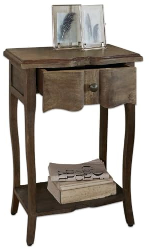 Loberon Beistelltisch Finstock, von Hand Gefertigt, Charmantes Antik-Finish, mit Schublade & Ablagefach, Nachttisch, Beistellmöbell, Mangoholz, Gusseisen, antikbraun