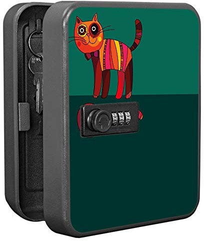 banjado Burg-Wächter Schlüsselkasten abschließbar für 20 Schlüssel/Schlüsselbox mit Zahlenschloss 16x20x8cm groß/Schlüsselaufbewahrung aus Stahlblech schwarz/Motiv Orange Katze