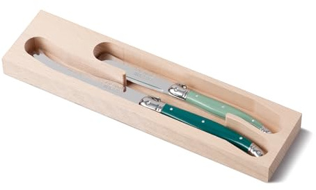 Andre Verdier Laguiole 2 Piece Cheese Knife Set in Wooden Tray - Forest Green