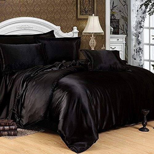 Bedify Bedding 100% Pure Silk Satin Duvet with Fitted Set 4 Pcs Silk Fitted Sheet 15 Deep Pocket Silk Duvet Cover Pillowcases Soft Silk Sheets|Wrinkle Free Fade Resistant (California King, Black)