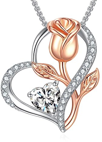 Praelinos Love Heart Pendant Necklace for Women 18K White Rose Gold Plated Rose Flower Silver Tone 5A Cubic Zirconia Christmas Valentine Mother's Day Birthday Jewellery for Her Mom Wife Girls
