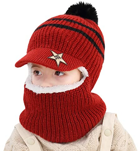Herbests Kinder Gestrickt Ohrenklappen Hüte mit Bommel Fleecefutter Strickmütze Kapuzen-Schal Beanie Mütze Earflap Hut Winddichte Wintermütze Schalmütze Schlupfmütze für Jungen Mädchen 3-8 Jahre Rot