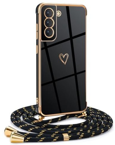 Mkej Frauen Mädchen Handykette Kompatibel mit Samsung Galaxy S21 FE - Silikon Hülle mit Band - Handyhülle für Samsung Galaxy S21 FE Herz Love Design Galvanik - Hülle mit Kordel in schwarzes Gold