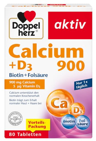 Doppelherz Calcium 900 + D3 + Biotin + Folsäure | Calcium leistet einen Beitrag zum normalen Knochenerhalt und zur normalen Muskelfunktion – 80 Tabletten