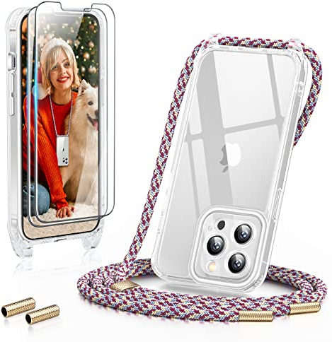 GOODVISH 3 in 1 Handykette für iPhone 13 Pro Max 6,7, mit 2 Stück Schutzfolie | 360°-Schutz | Kameraschutz |Necklace Hülle mit Band Handyhülle für zum Umhängen| Transparent Case mit Schnur - Bordeaux