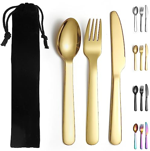 Evanda Gold Campingbesteck, inklusive Messer, Gabel, Löffel, Titan Gold Plattierung Edelstahl Reisebesteck mit schwarzer Tasche, für Outdoor, Camping, Picknick, Reisen, spülmaschinenfest