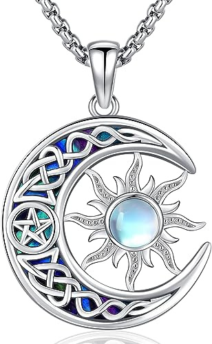 Friggem Sonne Mond Halskette 925 Sterling Silber Keltische Sonne Mond Anhänger, Mondstein Schmuck für Damen Frau Mädchen Tochter Geschenke