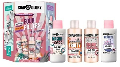 Soap & Glory - The Top Four Fillers Gift Set - Box of 4 x 75ml Shower Gel and Bath Milk - Gorgeous Bath and Body Gift Box - Soap & Glory Miniatures Collection – Toiletry Set – Delectable Scents
