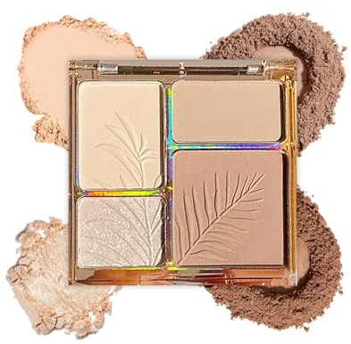 Highlighter Makeup Contour Palette, 4 in 1 Contour Palette 4 Farben Highlighter Powder & Contour Bronzer Puder, Pigmentiert Lang Anhaltendes Natürliches Matt&Schimmer Finish, Gesicht Make-up für