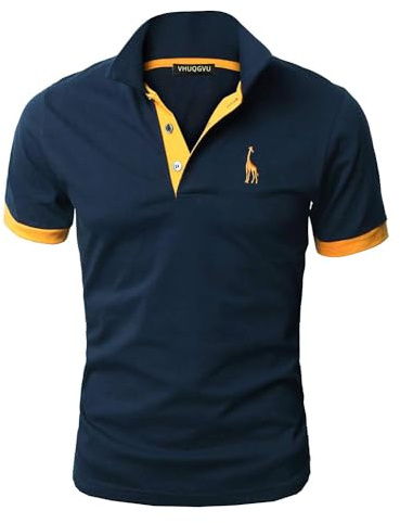 VHUQGVU Mode Polo Homme Manche Courte Brodé Girafe Chemise T-Shirt en Coton,Bleu Marine+Jaune,XL
