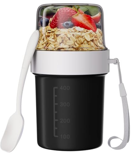 Wwtop Müslibecher to Go mit Löffel, 560ml+310ml Auslaufsichere Joghurtbecher to Go, 2 in1 Müsli to Go Becher, Praktischer Müslidose Müslibox für Kinder Erwachsene Unterwegs (Schwarz)
