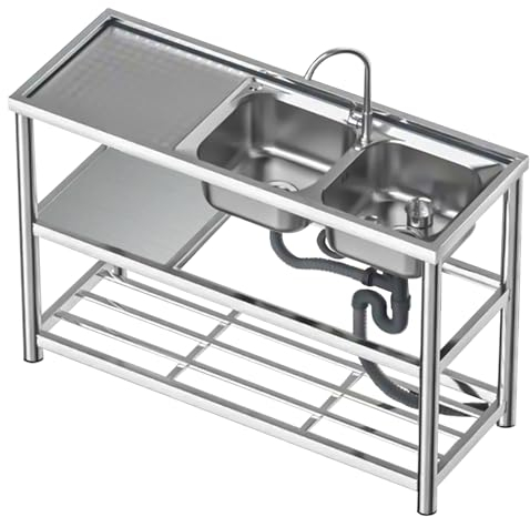 Lavandino da Esterno Acciaio,Mobile Lavello da Cucina inox Professionale 2 Vasca,Lavatoio da Giardino Campeggio,Lavelli Commerciale Autoportante con Rubinetto,Lavabo di Utilità per Garage,Lavanderia