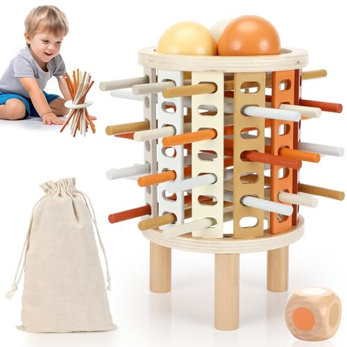 Montessori Jeux de Société en Bois pour 3-6 Ans, Jeu de Tour avec Bâtonnets et Dés, Motricité Fine, Jouets Éducatifs pour Filles et Garçons, Idéal pour la Famille et les Voyages, Cadeau