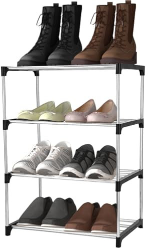 TIDEVAN Schuhregal Mit 4 Ebenen Stapelbar Klein für 8 Paare Schuhe - Stabiles und Langlebiges Metall Schuh Regal für Flur, Wohnzimmer, Eingangsbereich