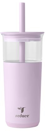 REDUCE Aspen 20 oz Vacuum Insulated Glass Tumbler with Lid & Extra Wide Straw - Keeps Drinks Cold for 12 Hrs - Ideal for Iced Coffee, Smoothies & Boba - Dishwasher Safe, Soft Base - Lilac Bud