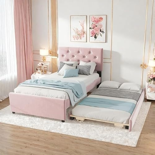 Wyibwy Cama acolchada 90 x 200 cm, somier (sin colchón), nido de terciopelo, minimalista (rosa)