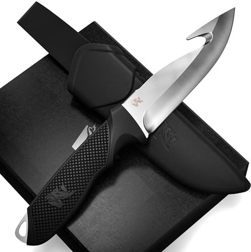 Wolfgangs WHUNTER Aufbrechmesser Jagdmesser feststehende Klinge mit starkem D2 Stahl (Durchgängiger Erl) - Auch als Angelmesser - Survival Outdoor Messer zum Wild aufbrechen mit robuster Scheide