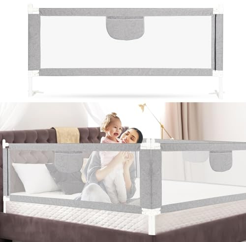 Fiqops Bettgitter Rausfallschutz 200CMx2+180CMx1 Höhenverstellbar 64-96cm, Bettschutzgitter Kinderbettgitter mit Luftiges Netz für Kinder & Elternbetten, Stabile, Grau