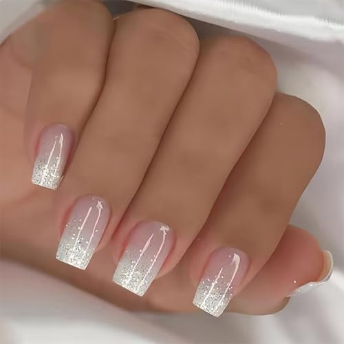Lot de 24 faux ongles pailletés French Tip - Couverture complète - À coller sur les ongles courts et carrés