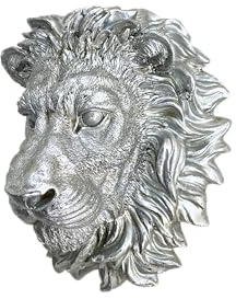 Lion Head Wall Mount Sculpture, Big Cat Hanging Animal Head Ornament Figure Art Décor Resin with Vintage Silver Finish, Wildlife Indoor Outdoor Decorative Accessories (Lion Small)