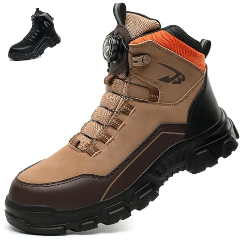 COOU Chaussures de Sécurité Hommes Montante Imperméable Femmes Bottines de Sécurité Confortable Antidérapante Chaussures de Travail Lacet à Bouton Pivotant Kaki 40