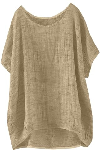 Camiseta de Verano para Mujers, Ligera, de Lino, Manga Corta, Cuello Redondo, Monocolor, Informal, Blusa de algodón y Lino, Blusa Moderna, Holgada, Holgada, Camiseta Holgada